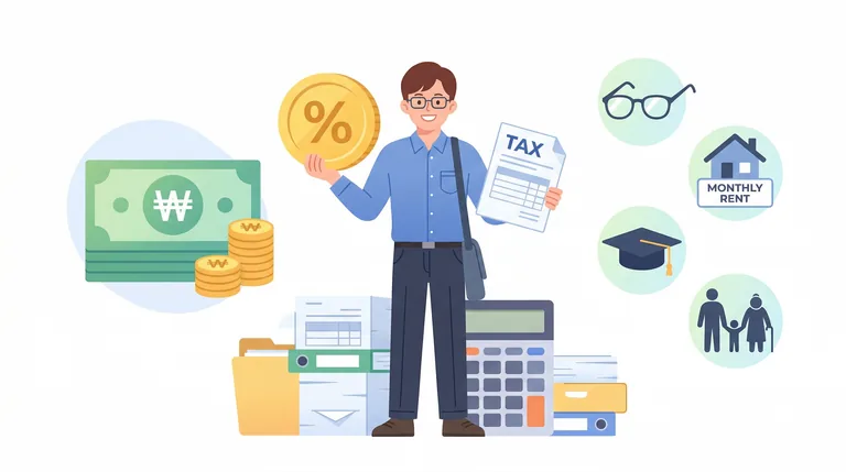 연말정산 서류와 계산기를 든 직장인의 모습을 형상화한 플랫 일러스트