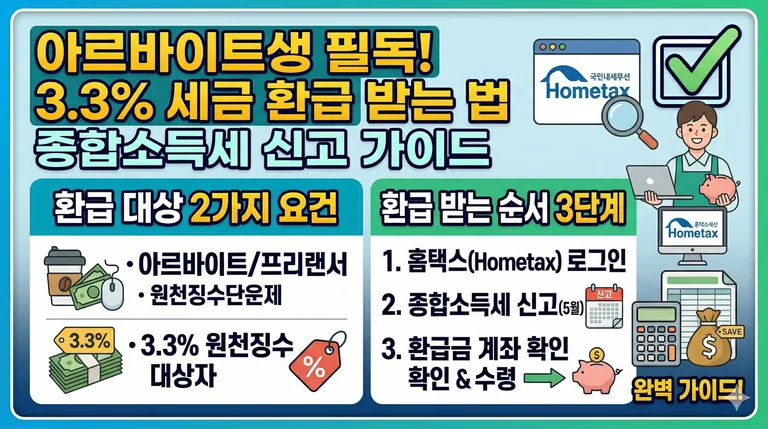 동전과 지폐가 들어있는 저금통과 세금 환급을 상징하는 체크리스트가 있는 일러스트