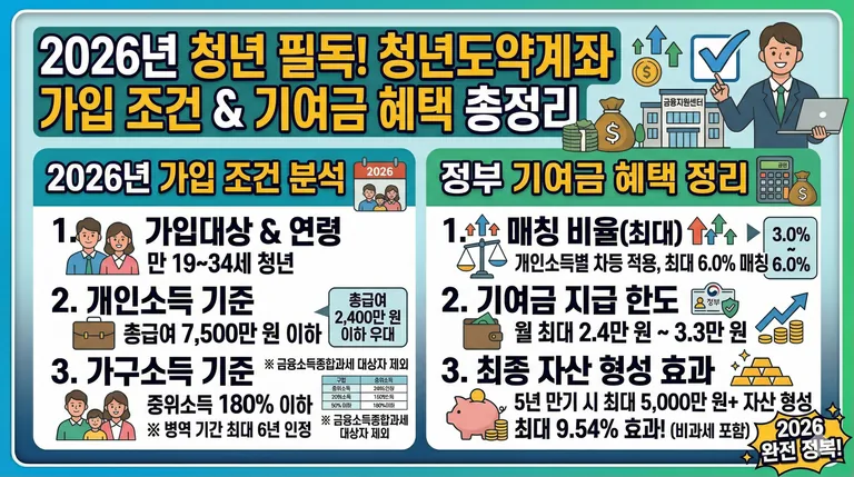 새싹이 돋아나는 저금통과 청년의 밝은 미래를 상징하는 상승 그래프 일러스트