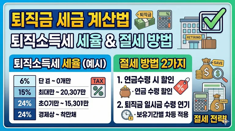서류 가방과 퇴직금을 상징하는 화폐, 그리고 계산기가 놓여 있는 깔끔한 비즈니스 일러스트