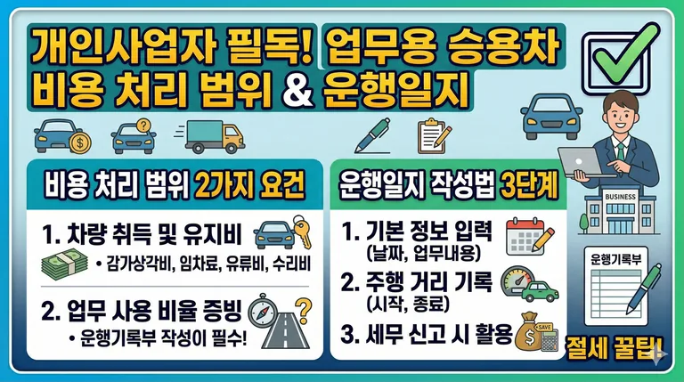 업무용 승용차와 서류판, 그리고 계산기가 놓여 있는 정돈된 사무실 느낌의 일러스트